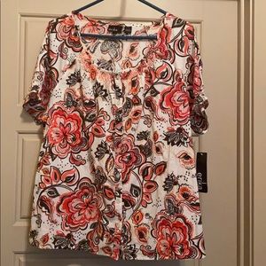 Erika Button Top with Red Flowers